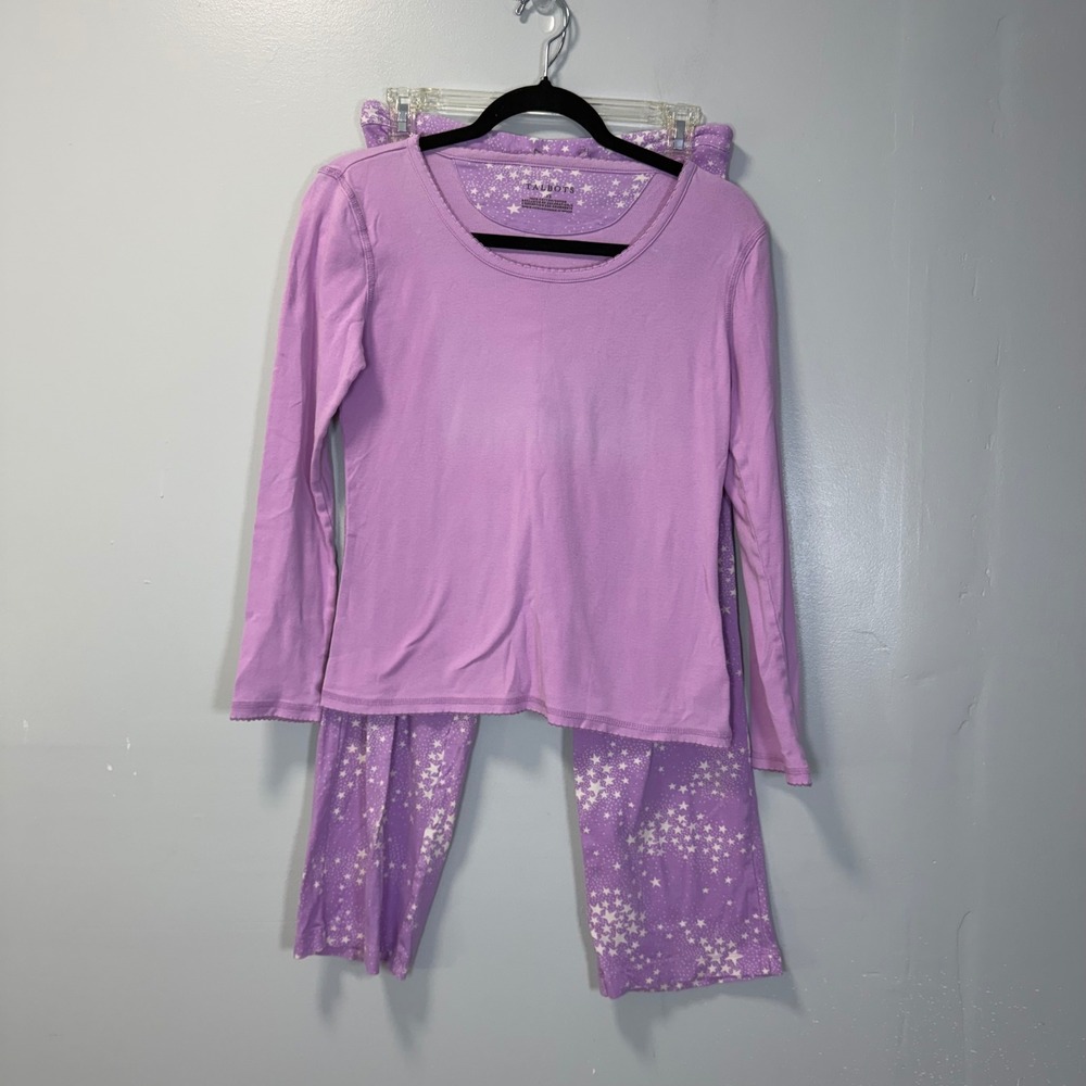 Talbots Womens XS Pajama Set Purple Long Sleeve Star Print Cotton 2 Piece